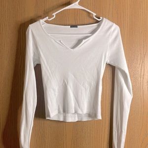 Brandy Melville White Long Sleeve Crop Top with Notch in Neck Line
